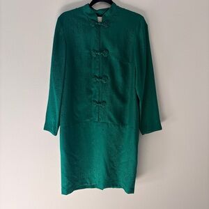 Vintage Adrianna Papell Safe Silk Emerald Mandarin Collar Dress Size 8